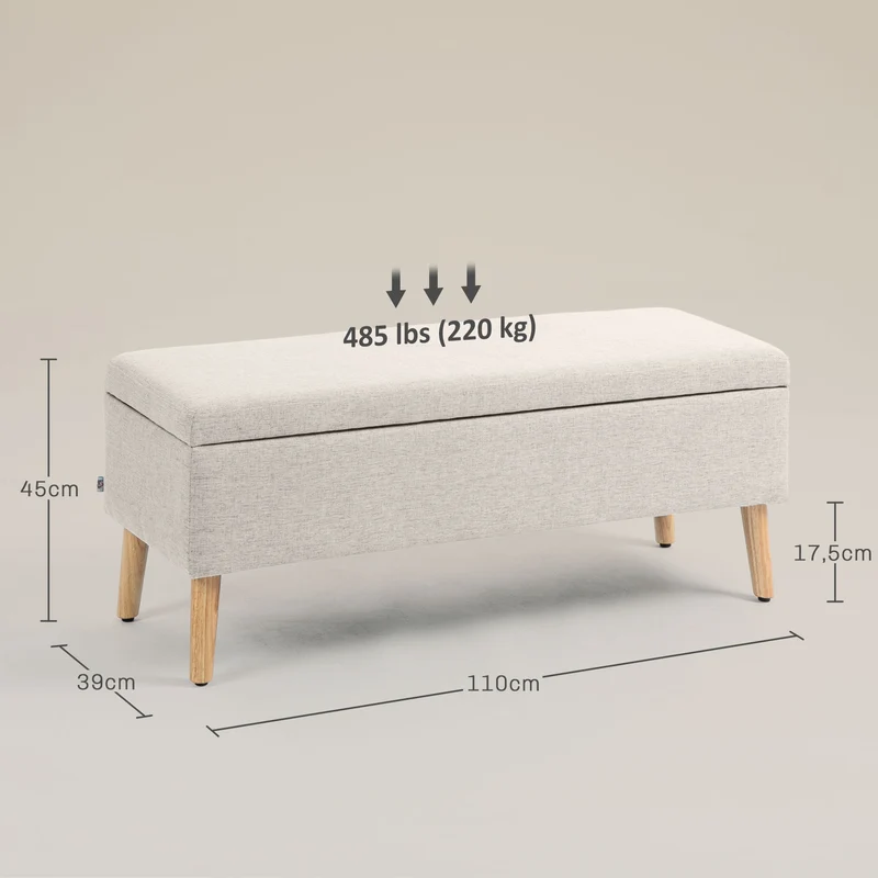 Banc coffre 110 x 39 x 45 cm assise rembourrée rangement sous siège capacité 220 kg scandinave épuré en polyester beige 21_0002853