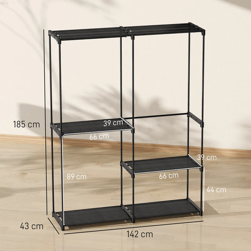 Armoire penderie portable 142 x 43 x 185 cm gain de place 3 tringles 4 étagères utile design contemporain en acier noir 21_0005889