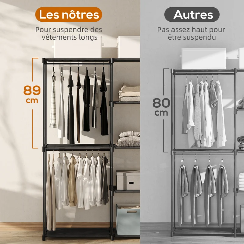Armoire penderie portable 142 x 43 x 185 cm gain de place 3 tringles 4 étagères utile design contemporain en acier noir 21_0005889