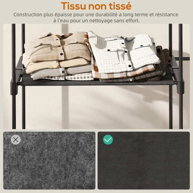 Armoire penderie portable 142 x 43 x 185 cm gain de place 3 tringles 4 étagères utile design contemporain en acier noir 21_0005889