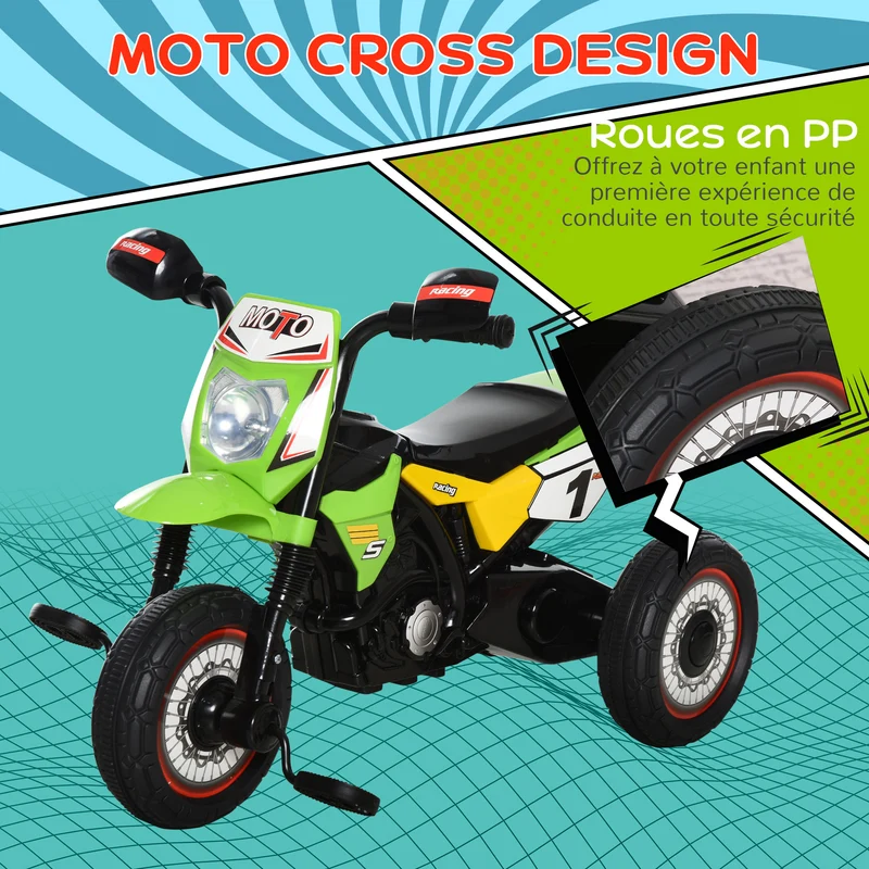 Tricycle moto cross enfant bébé 71 x 40 x 51 cm convient 18-36 mois phares lumineux musiques intégrées design en PP vert 21_0000452
