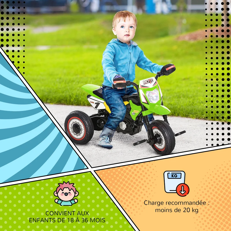 Tricycle moto cross enfant bébé 71 x 40 x 51 cm convient 18-36 mois phares lumineux musiques intégrées design en PP vert 21_0000452