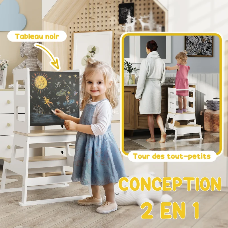 Tour d'observation enfant trapézoïdale 55 x 52.5 x 87.5 cm autonomie tableau noir sécurité scandinave épuré en MDF blanc 21_0000261