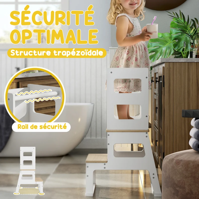 Tour d'observation enfant trapézoïdale 55 x 52.5 x 87.5 cm autonomie tableau noir sécurité scandinave épuré en MDF blanc 21_0000261