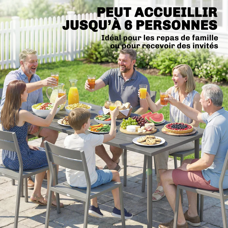 Table de jardin rectangulaire 6 personnes 165 x 80 x 74 cm drainage efficace stable contemporain en métal gris foncé 21_0005770