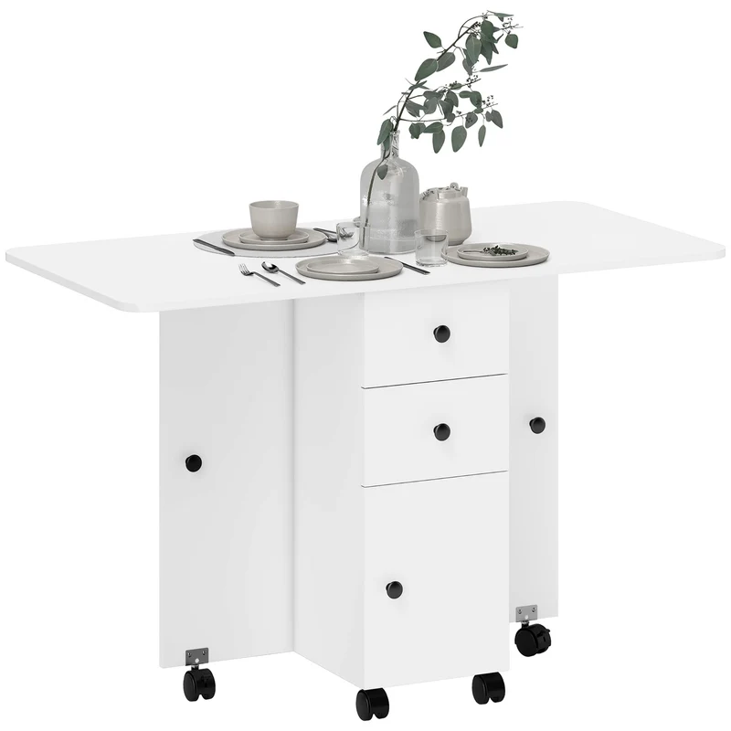 Table de cuisine pliante 120 x 60 x 76,5 cm gain de place tiroirs roulettes moderne cosy en panneau de particules blanc 21_0002282