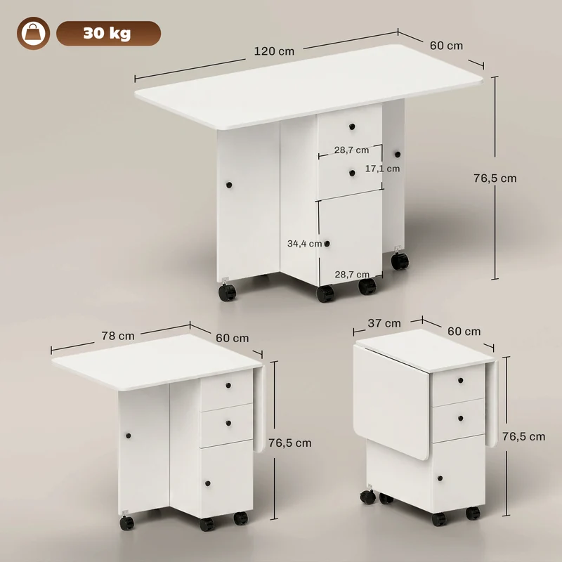 Table de cuisine pliante 120 x 60 x 76,5 cm gain de place tiroirs roulettes moderne cosy en panneau de particules blanc 21_0002282