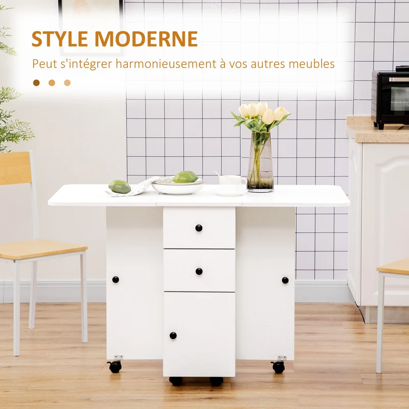 Table de cuisine pliante 120 x 60 x 76,5 cm gain de place tiroirs roulettes moderne cosy en panneau de particules blanc 21_0002282