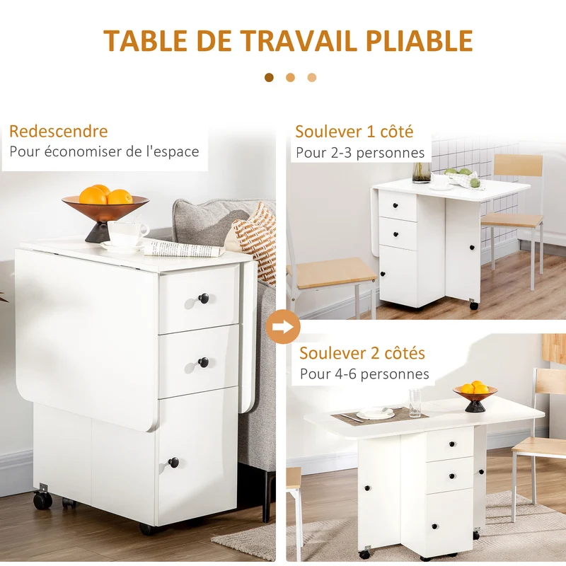 Table de cuisine pliante 120 x 60 x 76,5 cm gain de place tiroirs roulettes moderne cosy en panneau de particules blanc 21_0002282