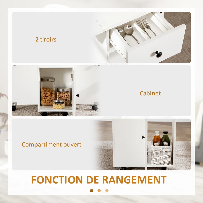Table de cuisine pliante 120 x 60 x 76,5 cm gain de place tiroirs roulettes moderne cosy en panneau de particules blanc 21_0002282