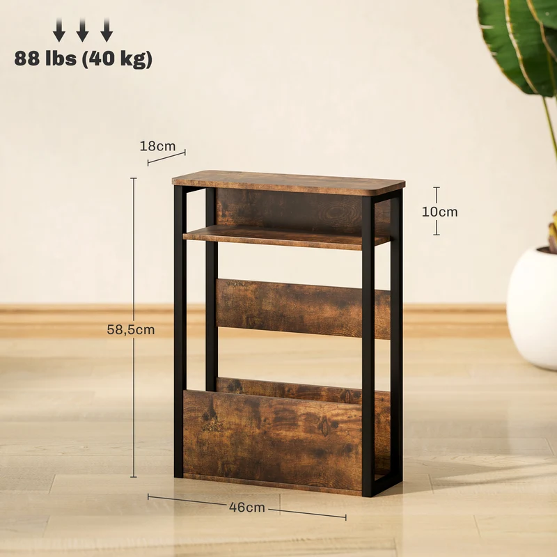 Table d'appoint chevet 46 x 18 x 58.5 cm deux étagères coins arrondis pieds réglables style industriel en bois brun 21_0003464