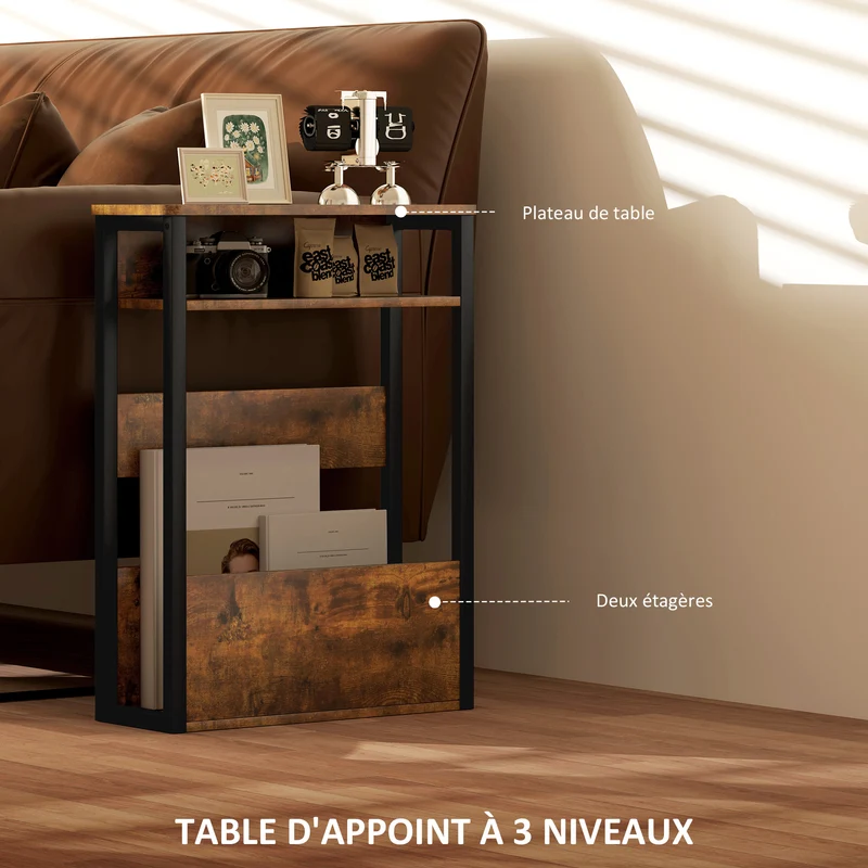 Table d'appoint chevet 46 x 18 x 58.5 cm deux étagères coins arrondis pieds réglables style industriel en bois brun 21_0003464