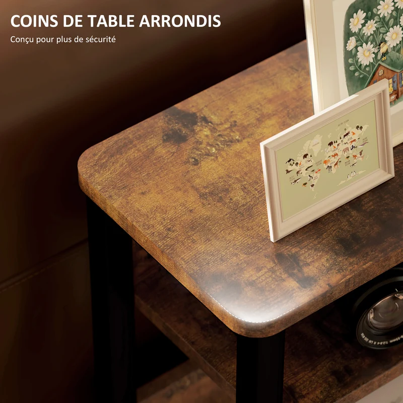 Table d'appoint chevet 46 x 18 x 58.5 cm deux étagères coins arrondis pieds réglables style industriel en bois brun 21_0003464