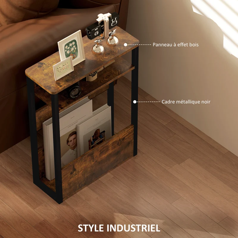 Table d'appoint chevet 46 x 18 x 58.5 cm deux étagères coins arrondis pieds réglables style industriel en bois brun 21_0003464