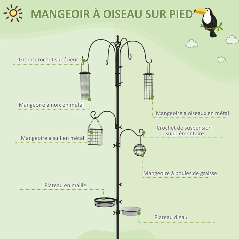 Station d'alimentation oiseaux sur pied jardin 58 x 58 x 226 cm 6 crochets 4 mangeoires réglable rustique en acier noir 21_0007601