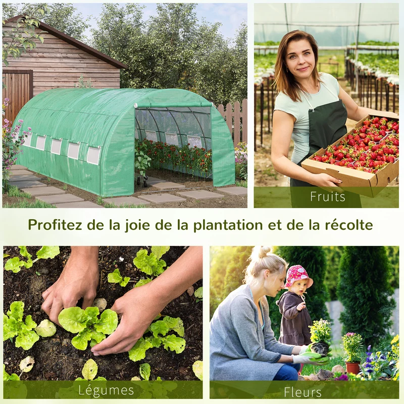 Serre tunnel jardin 597 x 300 x 200 cm protection anti uv parois enroulables contemporain en acier galvanisé vert 21_0004241