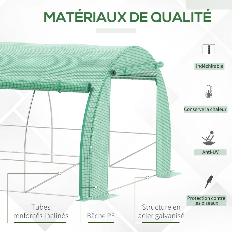 Serre tunnel jardin 597 x 300 x 200 cm protection anti uv parois enroulables contemporain en acier galvanisé vert 21_0004241