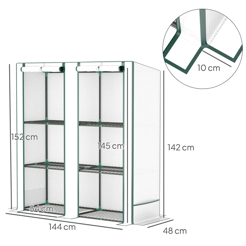 Serre de jardin 144 x 48 x 152 cm 3 niveaux protection uv porte zippée toit incliné style moderne en polyéthylène blanc 21_0005522