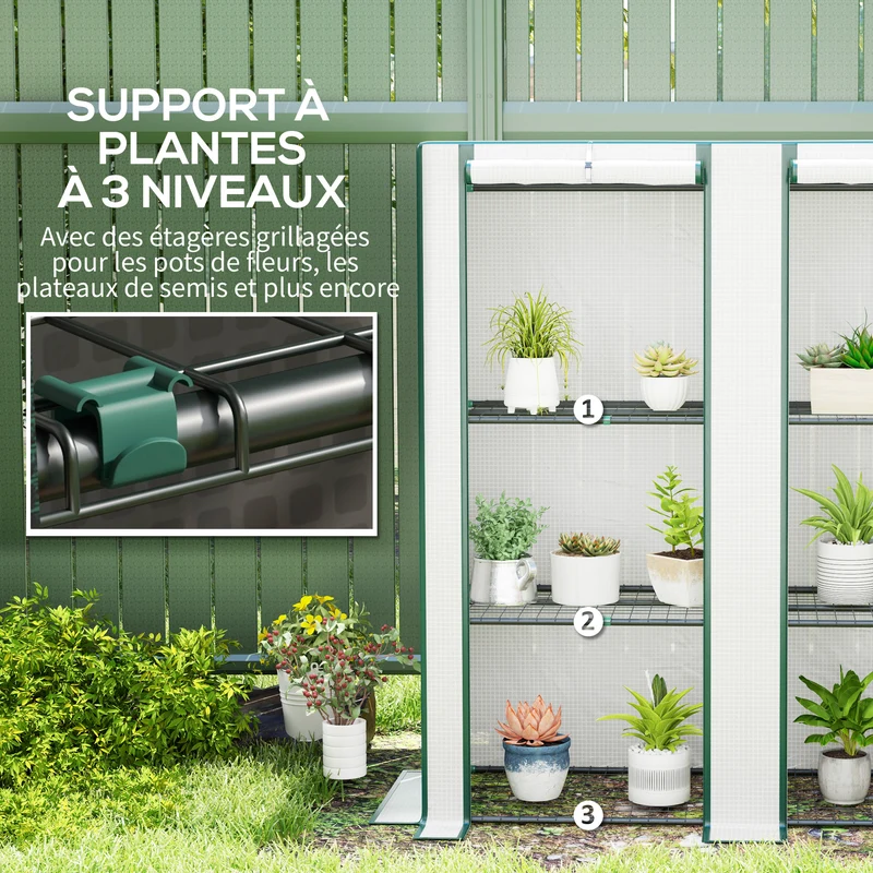 Serre de jardin 144 x 48 x 152 cm 3 niveaux protection uv porte zippée toit incliné style moderne en polyéthylène blanc 21_0005522