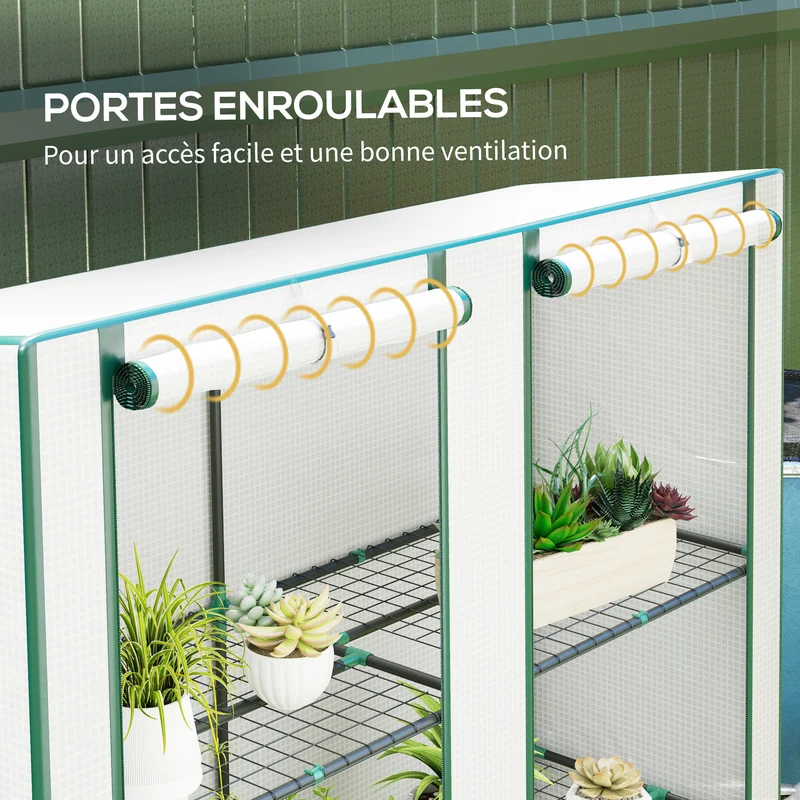 Serre de jardin 144 x 48 x 152 cm 3 niveaux protection uv porte zippée toit incliné style moderne en polyéthylène blanc 21_0005522