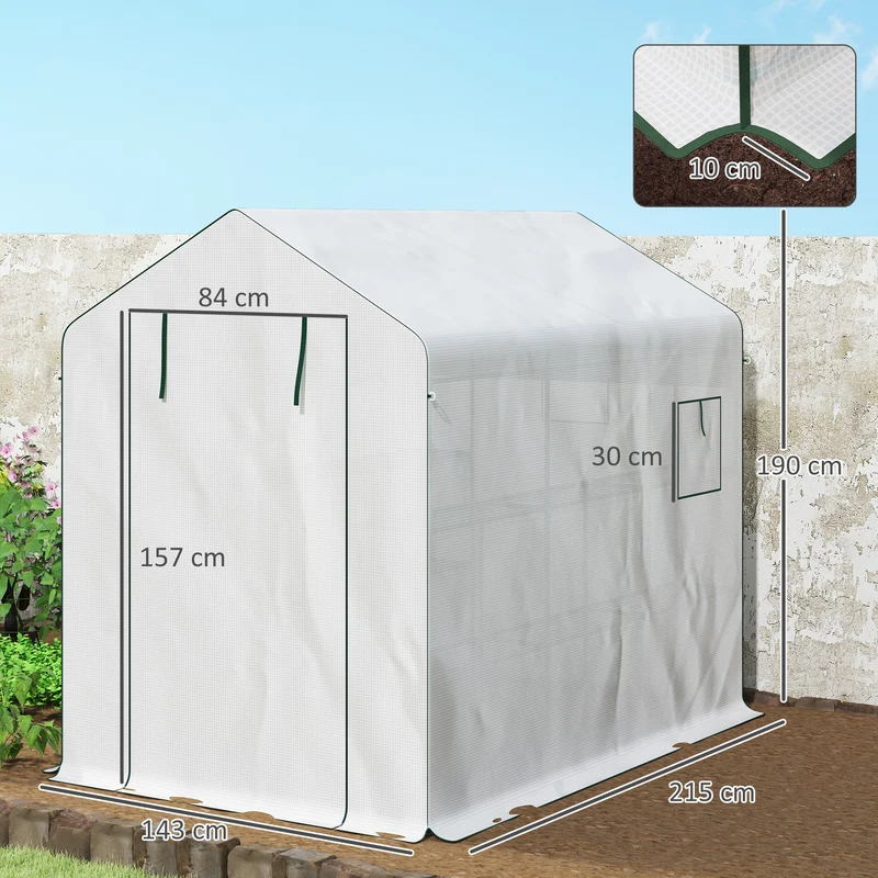 Serre de jardin 143 x 215 x 190 cm étagères latérales ventilation porte enroulable moderne épuré en polyéthylène blanc 21_0004337