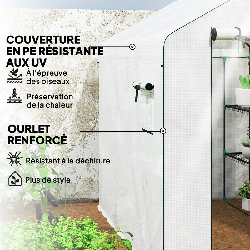 Serre de jardin 143 x 215 x 190 cm étagères latérales ventilation porte enroulable moderne épuré en polyéthylène blanc 21_0004337