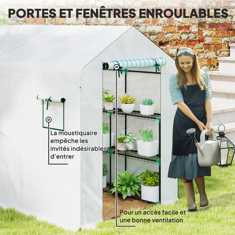 Serre de jardin 143 x 215 x 190 cm étagères latérales ventilation porte enroulable moderne épuré en polyéthylène blanc 21_0004337