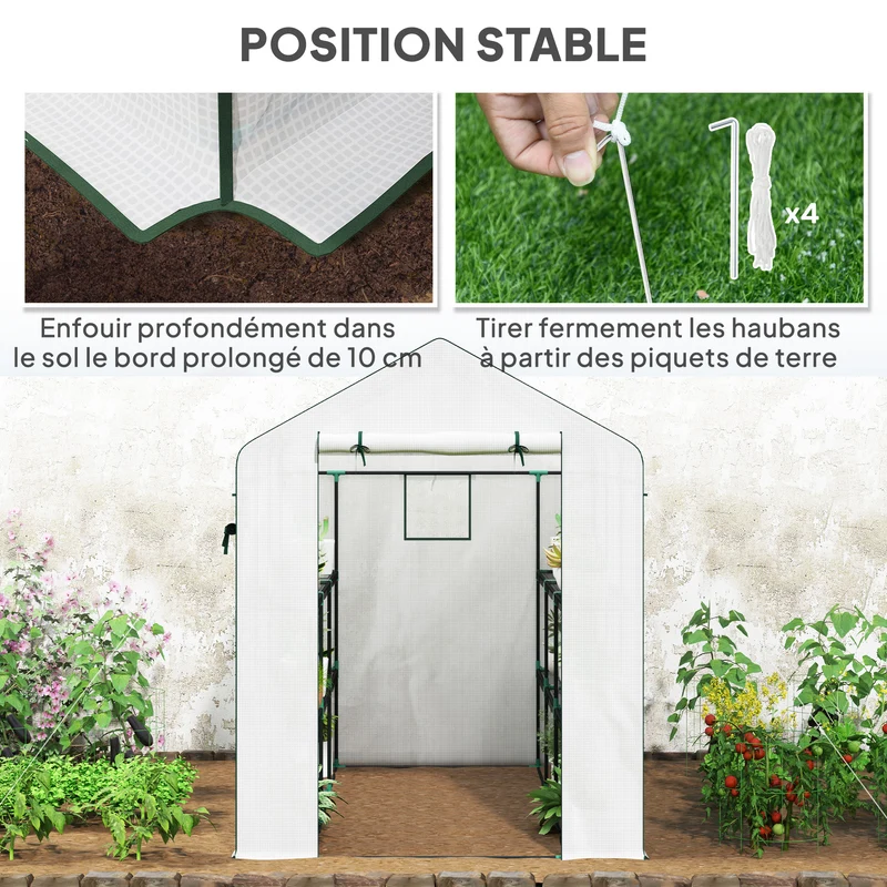 Serre de jardin 143 x 215 x 190 cm étagères latérales ventilation porte enroulable moderne épuré en polyéthylène blanc 21_0004337
