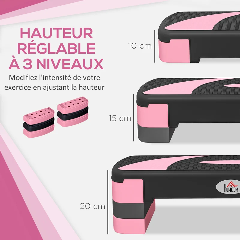Plateforme d'aérobic réglable 80 x 31 x 20 cm hauteur réglable 3 niveaux surface antidérapante moderne épuré en PP noir 21_0006680