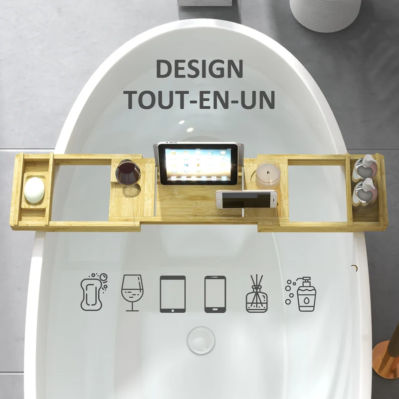 Plateau de baignoire extensible 75-109 x 23 x 4.5 cm support livre et porte-verre épuré design en bambou bois naturel 21_0002030