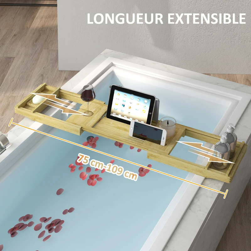 Plateau de baignoire extensible 75-109 x 23 x 4.5 cm support livre et porte-verre épuré design en bambou bois naturel 21_0002030