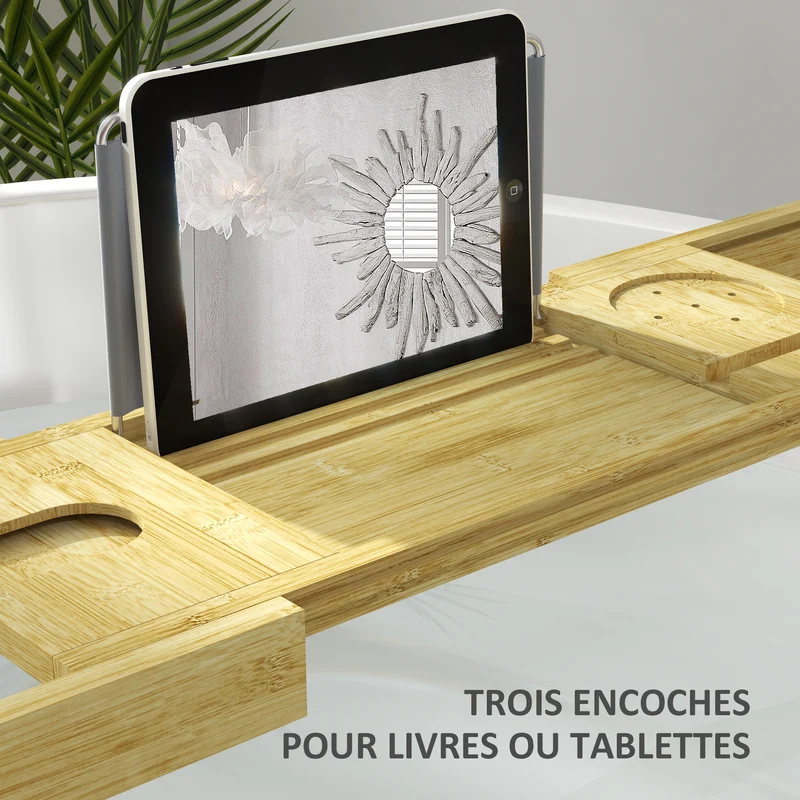 Plateau de baignoire extensible 75-109 x 23 x 4.5 cm support livre et porte-verre épuré design en bambou bois naturel 21_0002030