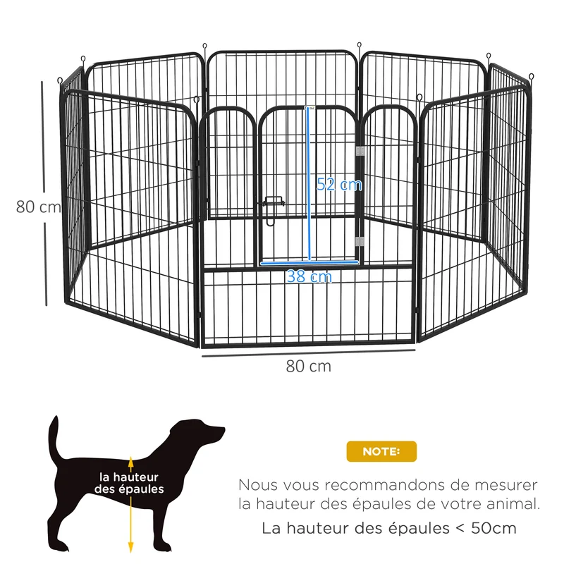 Parc enclos modulable octogone pour chiens 80 x 80 cm porte verrouillable anticorrosion moderne industriel en acier noir 21_0007418