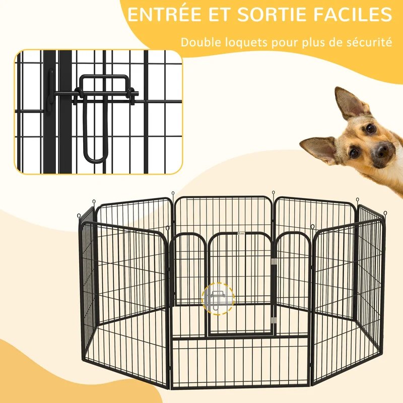 Parc enclos modulable octogone pour chiens 80 x 80 cm porte verrouillable anticorrosion moderne industriel en acier noir 21_0007418