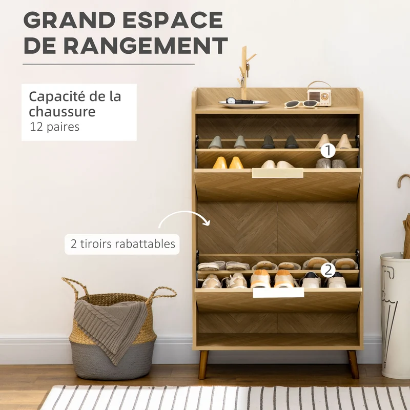 Meuble à chaussures pour entrée 70 x 30 x 120 cm 12 paires anti basculement vintage en panneau de particules naturel 21_0002645