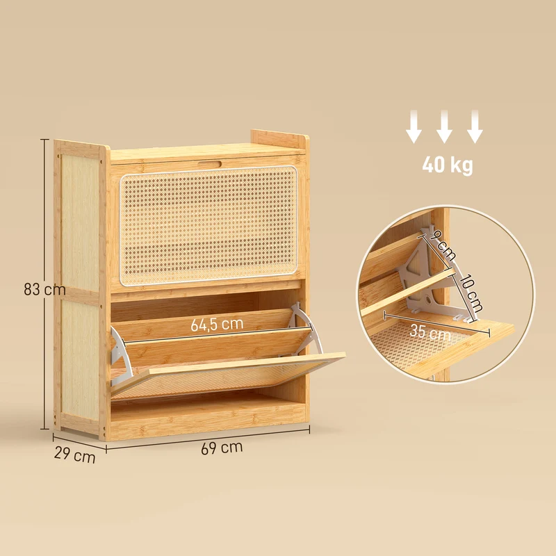 Meuble à chaussures entrée 69 x 29 x 83 cm rangement 14 paires étagères réglables ventilées scandinave en bambou naturel 21_0002807