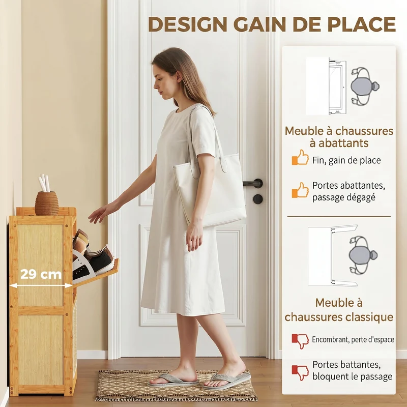 Meuble à chaussures entrée 69 x 29 x 83 cm rangement 14 paires étagères réglables ventilées scandinave en bambou naturel 21_0002807