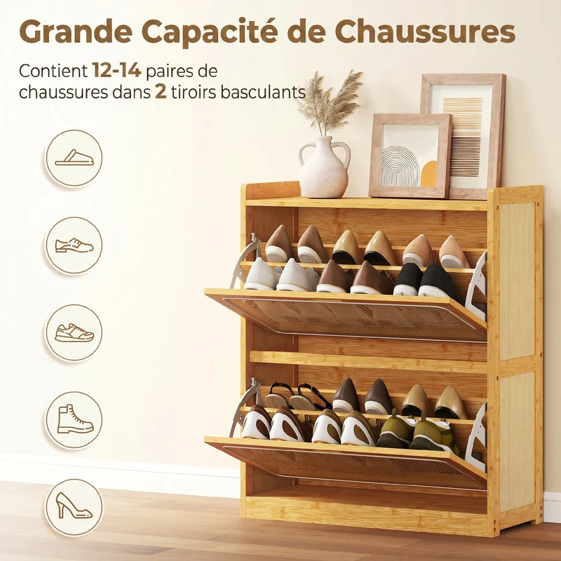 Meuble à chaussures entrée 69 x 29 x 83 cm rangement 14 paires étagères réglables ventilées scandinave en bambou naturel 21_0002807