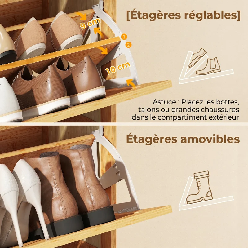 Meuble à chaussures entrée 69 x 29 x 83 cm rangement 14 paires étagères réglables ventilées scandinave en bambou naturel 21_0002807