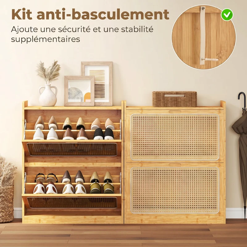 Meuble à chaussures entrée 69 x 29 x 83 cm rangement 14 paires étagères réglables ventilées scandinave en bambou naturel 21_0002807