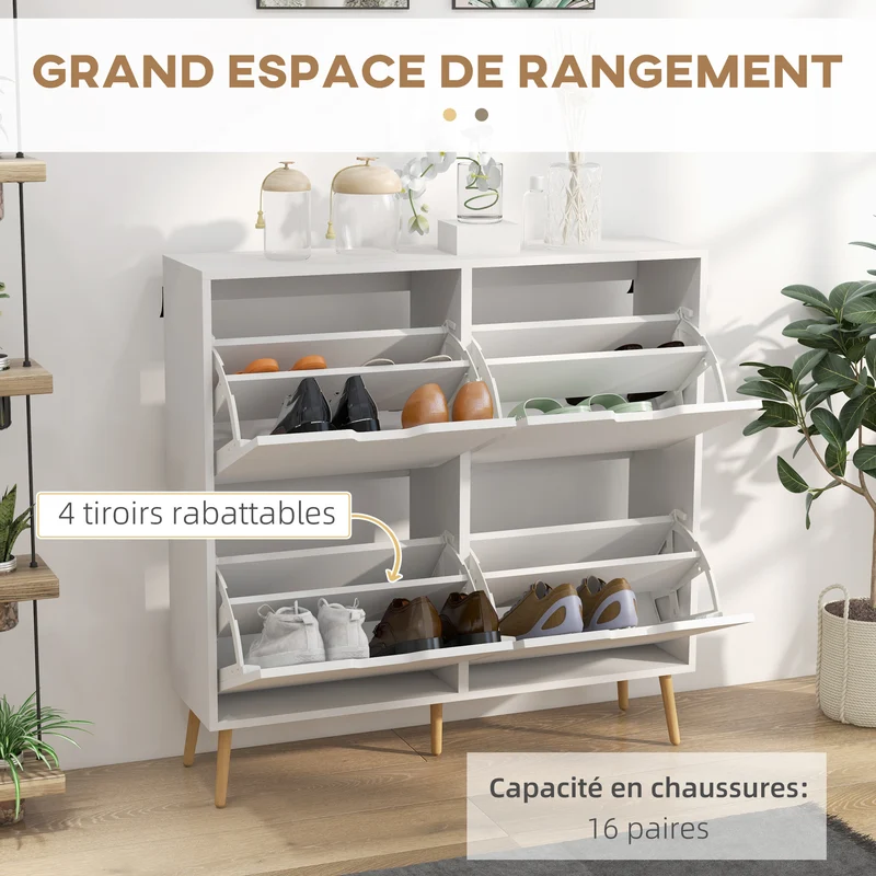 Meuble à chaussures 4 abattants 95 x 26 x 95 cm 16 paires étagères réglables moderne en panneaux de particules blanc 21_0002676