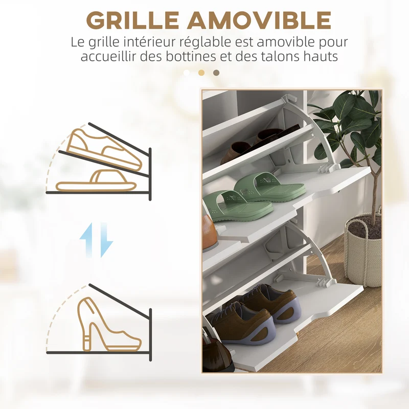 Meuble à chaussures 4 abattants 95 x 26 x 95 cm 16 paires étagères réglables moderne en panneaux de particules blanc 21_0002676