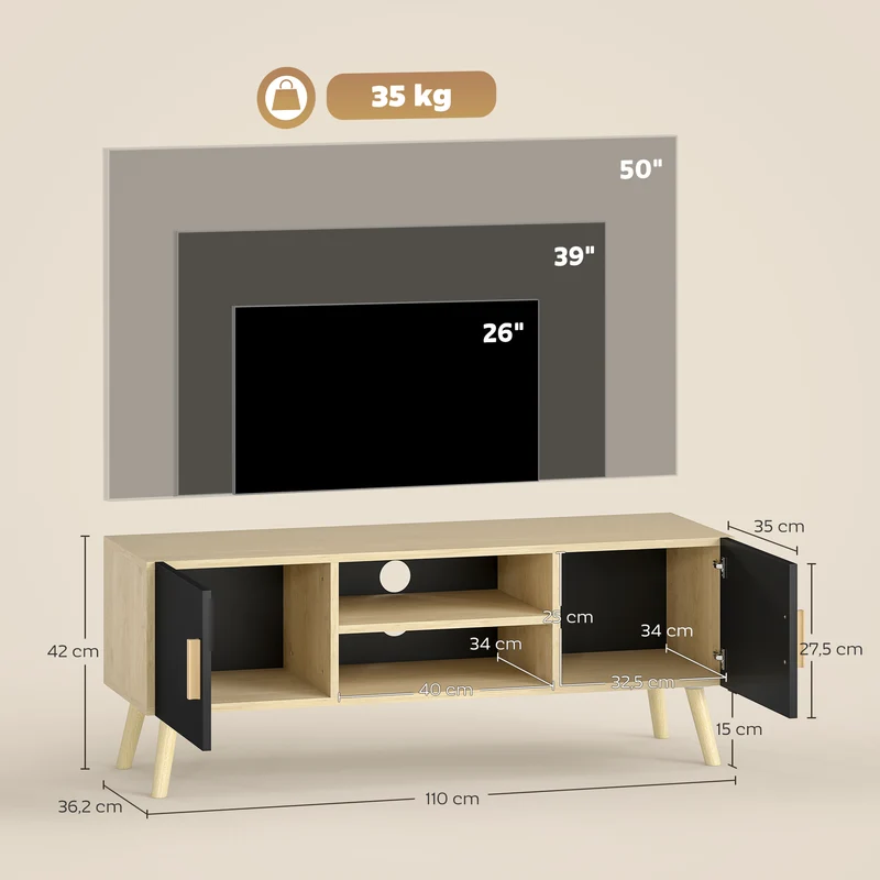 Meuble télévision salon 110 x 36,2 x 42 cm rangement modulable organisation des câbles moderne scandinave en MDF chêne 21_0003434
