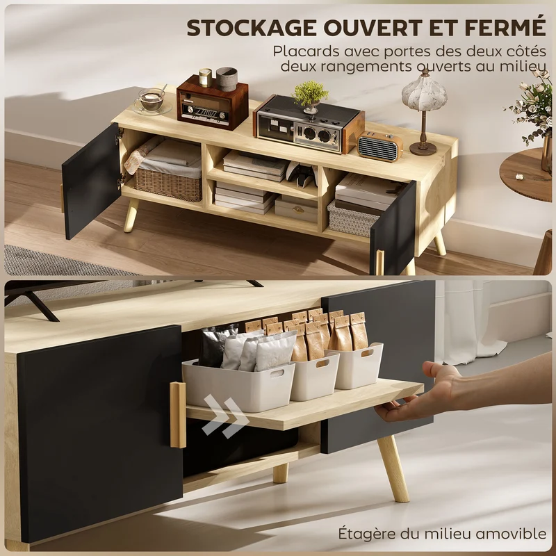 Meuble télévision salon 110 x 36,2 x 42 cm rangement modulable organisation des câbles moderne scandinave en MDF chêne 21_0003434