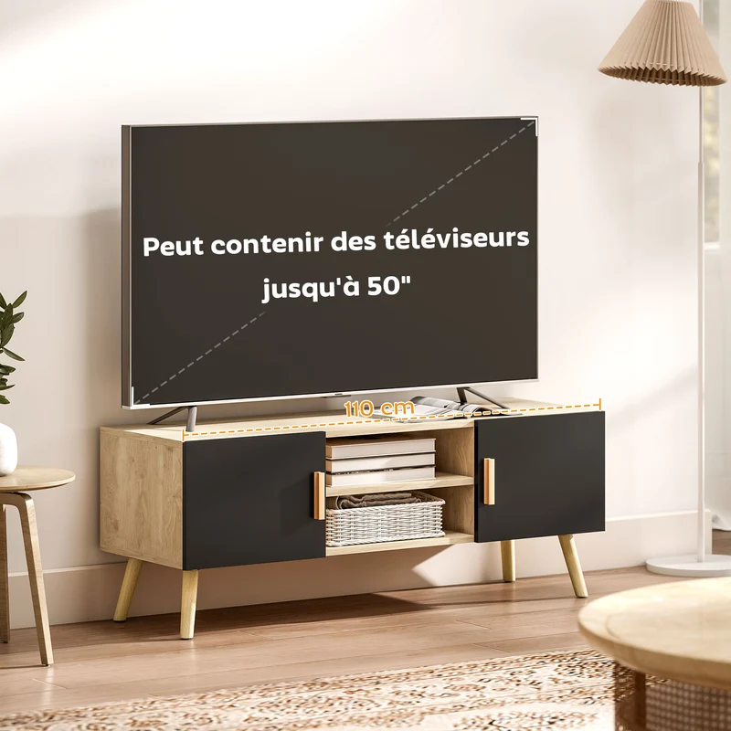 Meuble télévision salon 110 x 36,2 x 42 cm rangement modulable organisation des câbles moderne scandinave en MDF chêne 21_0003434