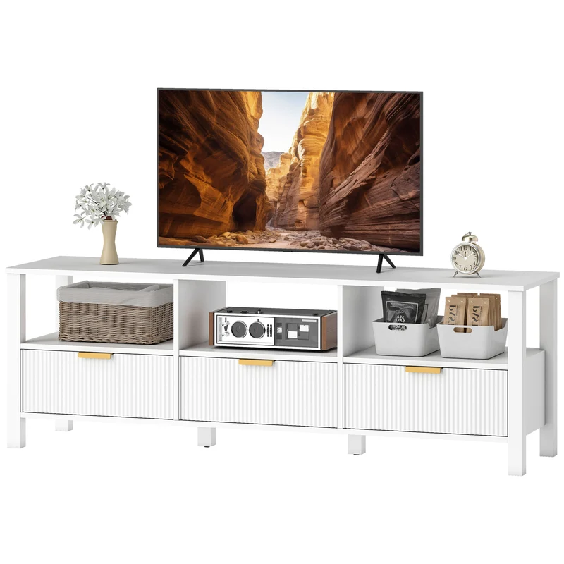 Meuble télévision bas 152 x 39,5 x 50 cm rangement tiroirs cannelés et étagères ouvertes moderne minimaliste en MDF blanc 21_0003582