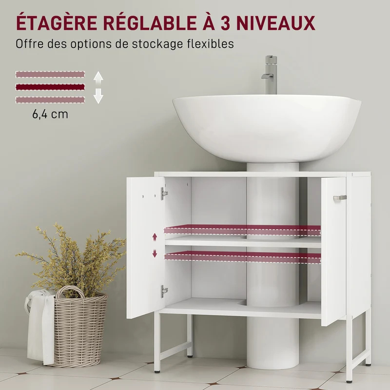 Meuble sous lavabo 60 x 33 x 60.5 cm fermeture douce étagère réglable compact style épuré en panneau de particules blanc 21_0002082