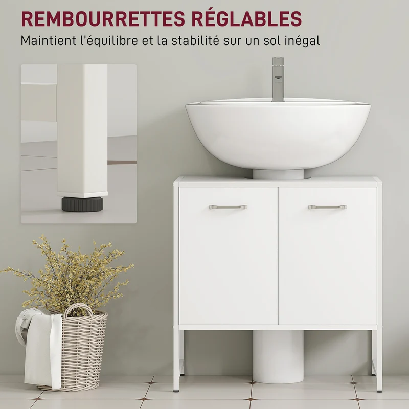 Meuble sous lavabo 60 x 33 x 60.5 cm fermeture douce étagère réglable compact style épuré en panneau de particules blanc 21_0002082