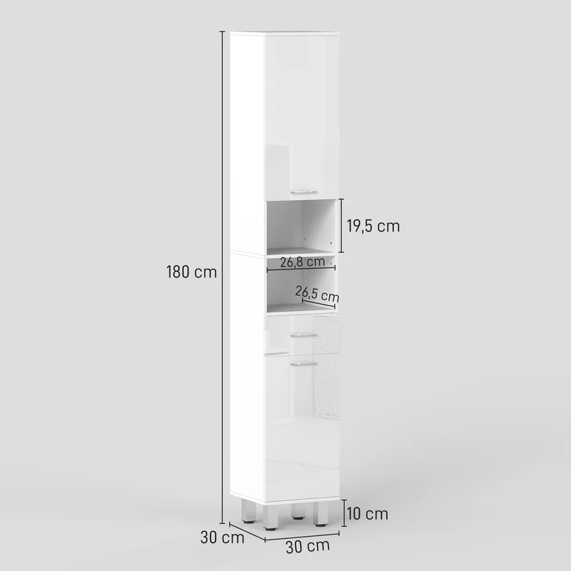 Meuble colonne salle de bain 30 x 30 x 180 cm rangement réglable tiroir portes moderne en panneau de particules blanc 21_0001991