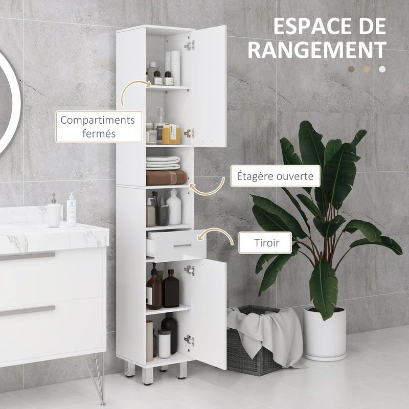 Meuble colonne salle de bain 30 x 30 x 180 cm rangement réglable tiroir portes moderne en panneau de particules blanc 21_0001991